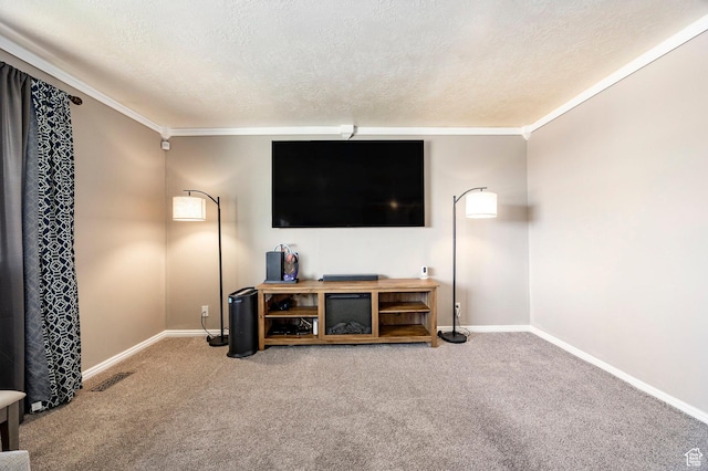 2135 W 4300 S, Roy, UT 84067 - living area featuring crown molding, baseboards, a textured ceiling, and carpet floors