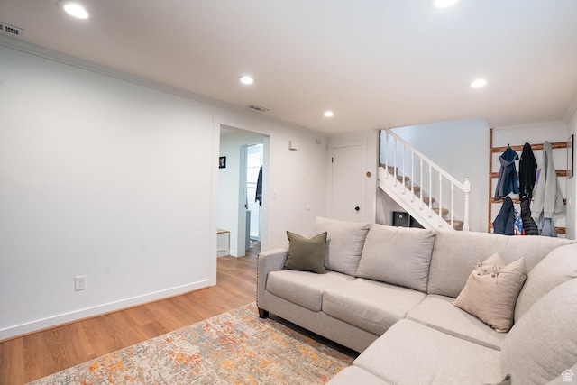 1088 N Nayon Dr Unit B, Layton, UT 84040 - living room with wood finished floors, ornamental molding, stairs, recessed lighting, and baseboards