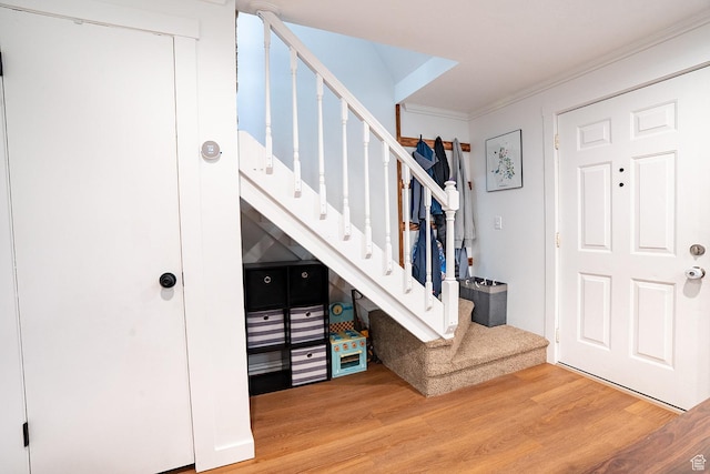 1088 N Nayon Dr Unit B, Layton, UT 84040 - entryway with wood finished floors, crown molding, and stairs