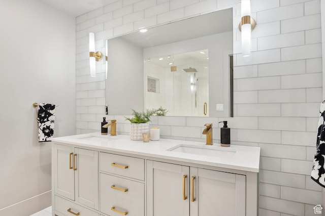 900 S Donner Way E Unit 707, Salt Lake City, UT 84108 - bathroom featuring double vanity, decorative backsplash, and a shower stall