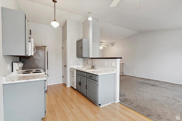 22 W 1470 S, Farmington, UT 84025 - kitchen featuring a ceiling fan, gray cabinetry, a sink, dishwasher, and vaulted ceiling