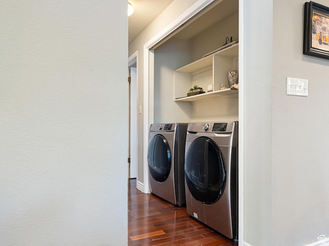 450 W Chokecherry Cir, Orem, UT 84058 - laundry area featuring dark wood finished floors, washer and clothes dryer, and baseboards