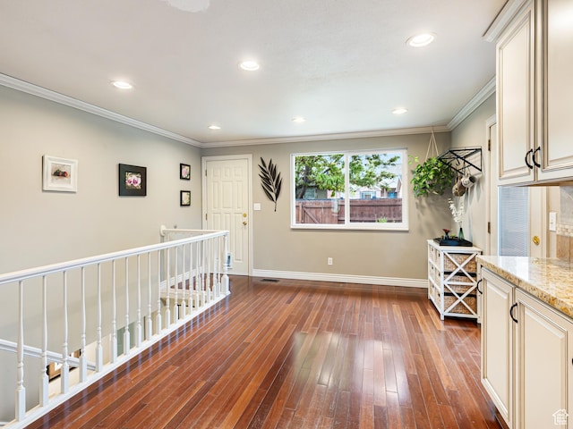 450 W Chokecherry Cir, Orem, UT 84058 - interior space featuring baseboards, dark wood-style floors, crown molding, and recessed lighting