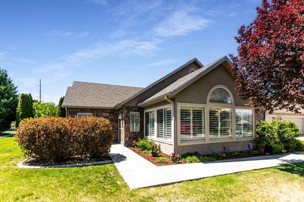 back of house with a lawn and stucco siding