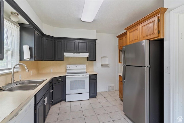 3214 Porter Ave, Ogden, UT 84403 - kitchen with white appliances, a sink, under cabinet range hood, light countertops, and light tile patterned floors