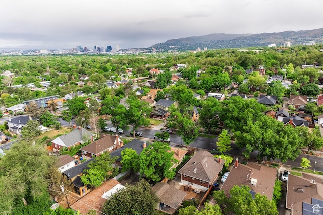 aerial view of residential area with a mountain backdrop