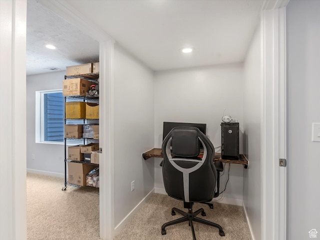 office with carpet floors, baseboards, and recessed lighting