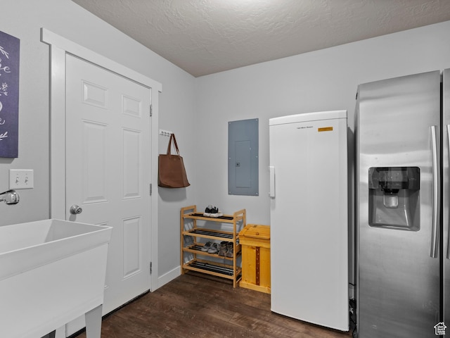 1370 S 1500 W, Springville, UT 84663 - interior space featuring stainless steel refrigerator with ice dispenser, freestanding refrigerator, electric panel, wood finished floors, and a sink