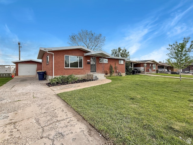 ranch-style house featuring brick siding, driveway, a front lawn, and an outdoor structure
