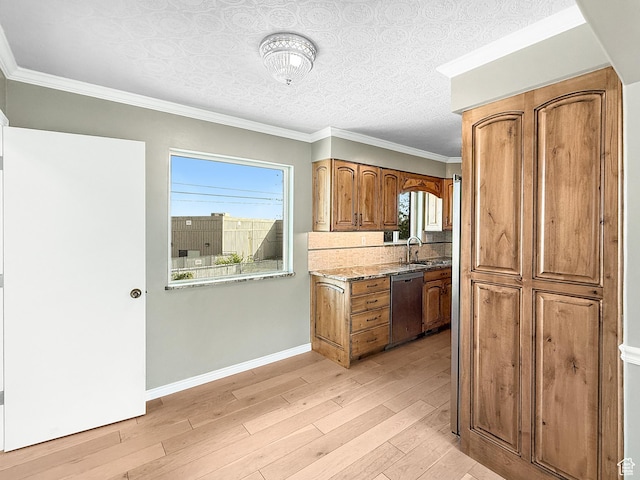 kitchen with stainless steel dishwasher, light wood-type flooring, brown cabinetry, baseboards, and crown molding