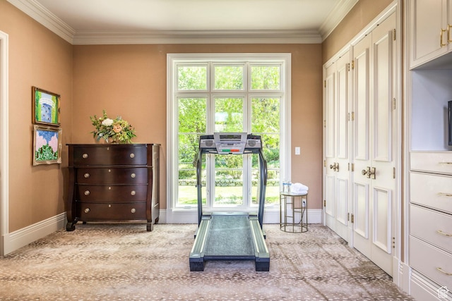 doorway with crown molding and baseboards
