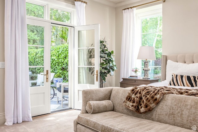 carpeted bedroom featuring access to exterior and crown molding