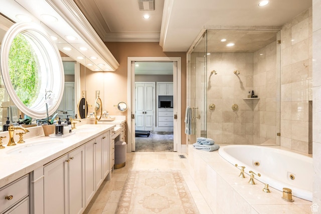 bathroom featuring crown molding, a stall shower, a whirlpool tub, recessed lighting, and double vanity