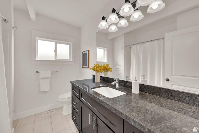 full bathroom with tile patterned flooring, toilet, baseboards, curtained shower, and vanity