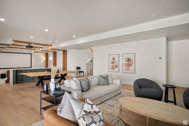 1565 N Overolook Ct, Farmington, UT 84025 - living room with stairway, recessed lighting, light wood-style flooring, and baseboards