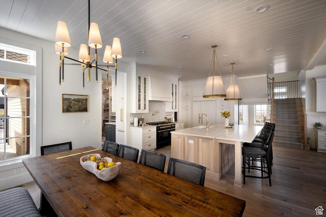 1565 N Overolook Ct, Farmington, UT 84025 - dining area featuring wood finished floors, a chandelier, stairs, wooden ceiling, and recessed lighting