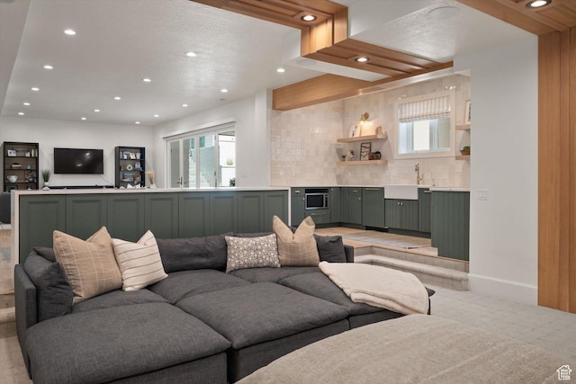 1565 N Overolook Ct, Farmington, UT 84025 - living area featuring recessed lighting, light carpet, and bar with sink