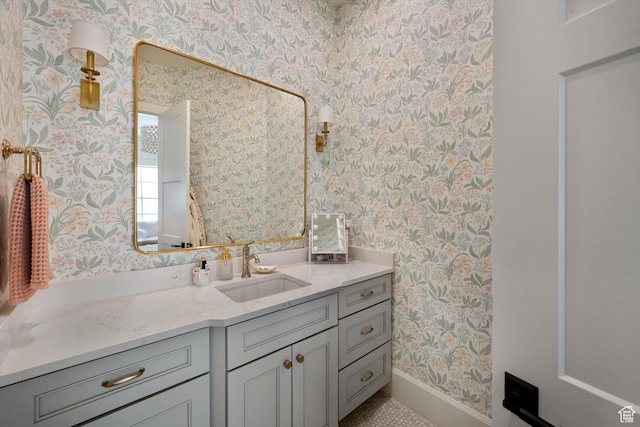 1565 N Overolook Ct, Farmington, UT 84025 - bathroom featuring wallpapered walls, baseboards, and vanity