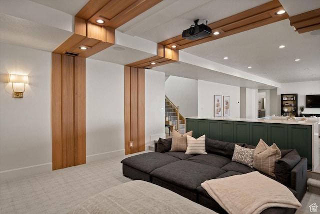 1565 N Overolook Ct, Farmington, UT 84025 - carpeted living area featuring baseboards, recessed lighting, and stairs