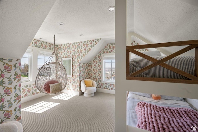1565 N Overolook Ct, Farmington, UT 84025 - carpeted bedroom with wallpapered walls, a textured ceiling, multiple windows, and baseboards