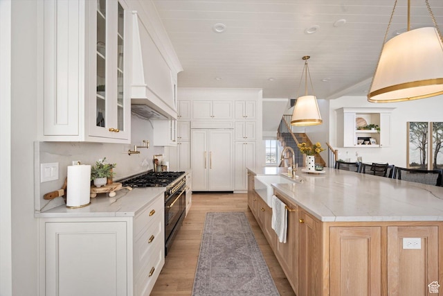 1565 N Overolook Ct, Farmington, UT 84025 - kitchen with high end range, a sink, premium range hood, light wood finished floors, and glass insert cabinets