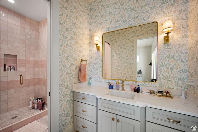 1565 N Overolook Ct, Farmington, UT 84025 - bathroom with wallpapered walls, a stall shower, and vanity