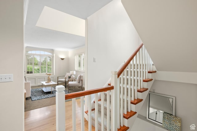 stairs featuring wood finished floors