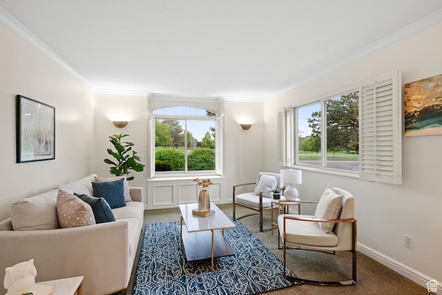 living room featuring ornamental molding, carpet floors, healthy amount of natural light, and baseboards