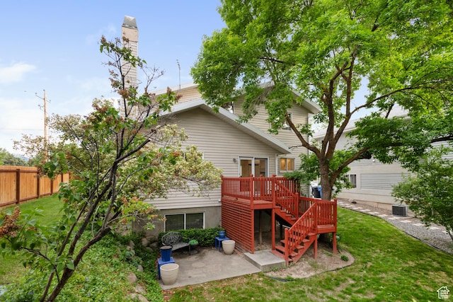 back of house featuring stairs, a patio, central AC unit, and a wooden deck