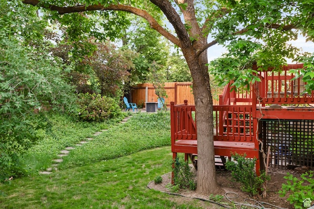 view of yard with fence and a wooden deck