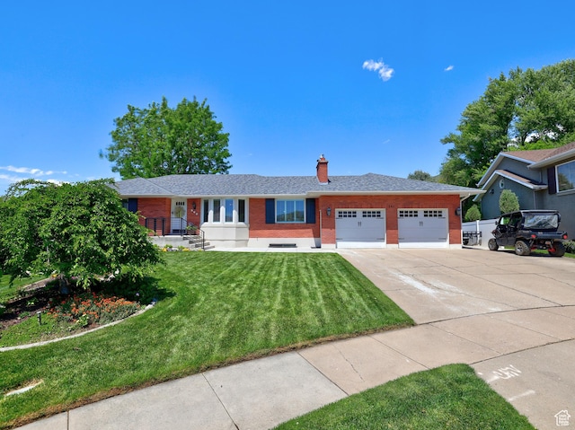 ranch-style house with an attached garage, brick siding, driveway, and a chimney