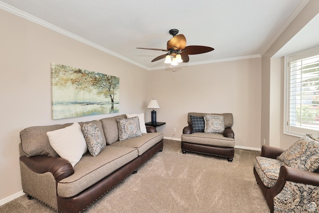 living room with crown molding, carpet flooring, plenty of natural light, and baseboards
