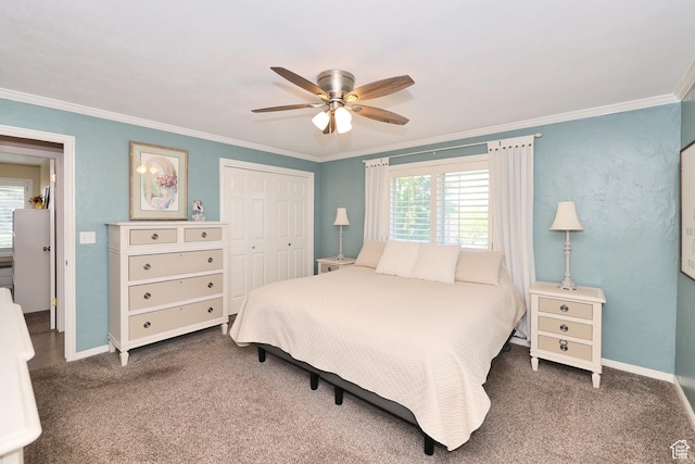 bedroom featuring a closet, ornamental molding, baseboards, carpet floors, and ceiling fan