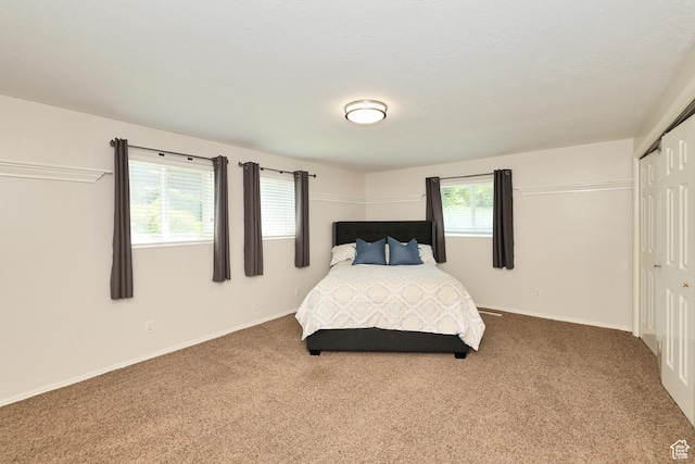 carpeted bedroom featuring multiple windows, a closet, and baseboards