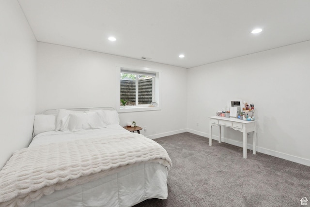 bedroom with carpet floors, recessed lighting, and baseboards