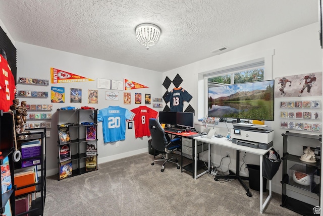 office featuring carpet, a textured ceiling, and baseboards