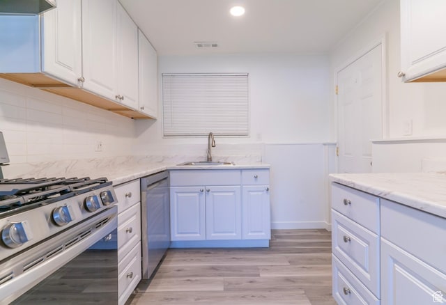 4740 S 3040 W, Taylorsville, UT 84129 - kitchen with a sink, stainless steel appliances, white cabinetry, backsplash, and light wood finished floors