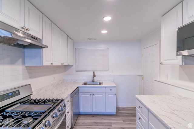 4740 S 3040 W, Taylorsville, UT 84129 - kitchen featuring stainless steel appliances, a sink, light wood-type flooring, under cabinet range hood, and white cabinets