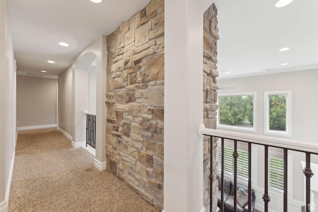 1737 S Kerrybrook Dr, Kaysville, UT 84037 - hallway featuring carpet floors, arched walkways, recessed lighting, healthy amount of natural light, and baseboards
