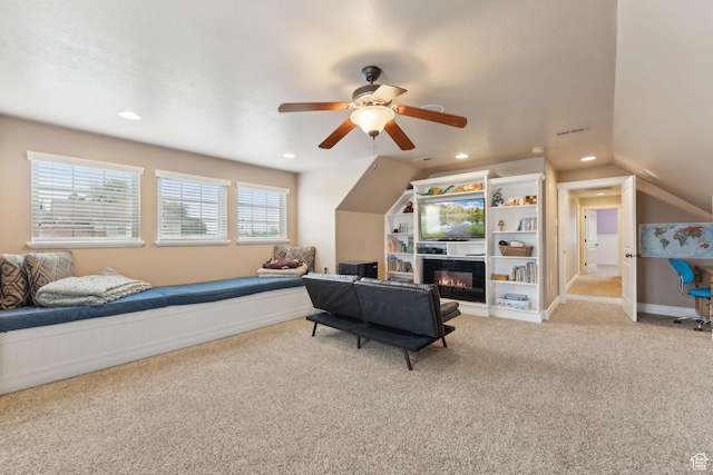 1737 S Kerrybrook Dr, Kaysville, UT 84037 - bedroom with carpet flooring, recessed lighting, a ceiling fan, a glass covered fireplace, and lofted ceiling