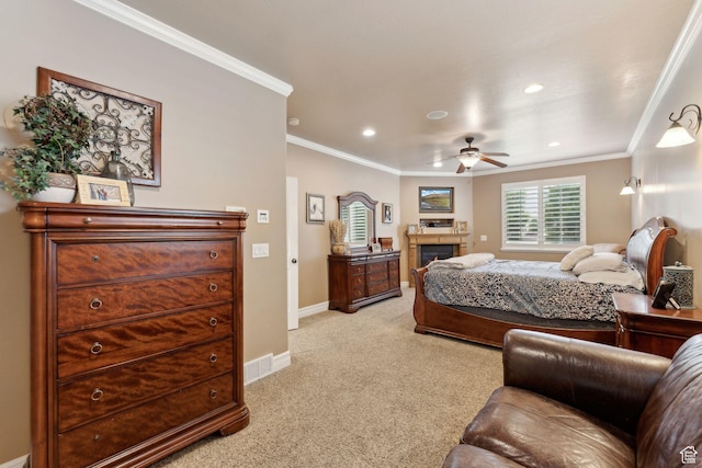 1737 S Kerrybrook Dr, Kaysville, UT 84037 - bedroom with light carpet, a lit fireplace, crown molding, baseboards, and recessed lighting
