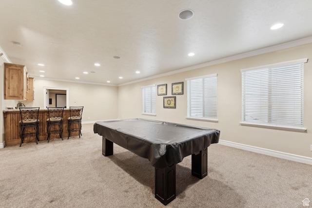1737 S Kerrybrook Dr, Kaysville, UT 84037 - playroom featuring light colored carpet, recessed lighting, baseboards, ornamental molding, and billiards