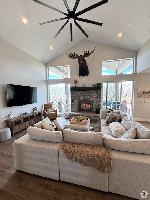 9351 E Acorn Cir Unit 921, Heber City, UT 84032 - living room featuring high vaulted ceiling, a stone fireplace, wood finished floors, and recessed lighting
