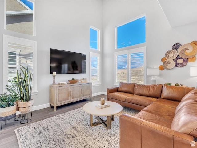 living area with a towering ceiling, healthy amount of natural light, wood finished floors, and baseboards