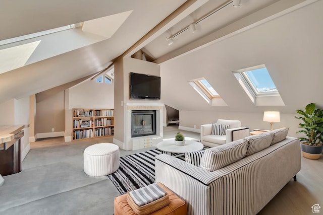 215 E 2nd Ave S, Salt Lake City, UT 84103 - living area with a skylight, a fireplace, track lighting, lofted ceiling, and baseboards