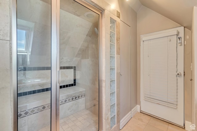 215 E 2nd Ave S, Salt Lake City, UT 84103 - bathroom featuring a stall shower, tile patterned flooring, and lofted ceiling