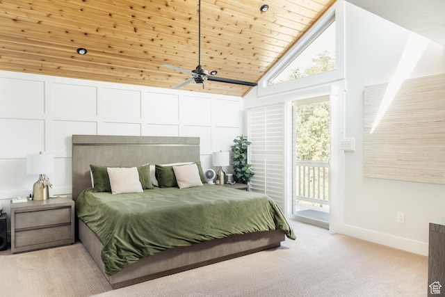 bedroom featuring access to exterior, high vaulted ceiling, light carpet, wood ceiling, and baseboards