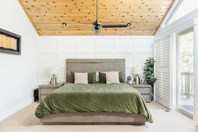 bedroom with vaulted ceiling, light carpet, wood ceiling, access to outside, and baseboards