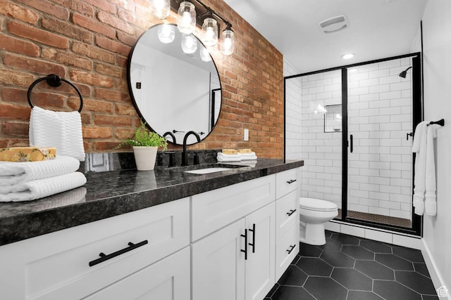 1441 N Jerry Gertsch Ln, Midway, UT 84049 - full bathroom with brick wall, tile patterned flooring, a stall shower, vanity, and toilet