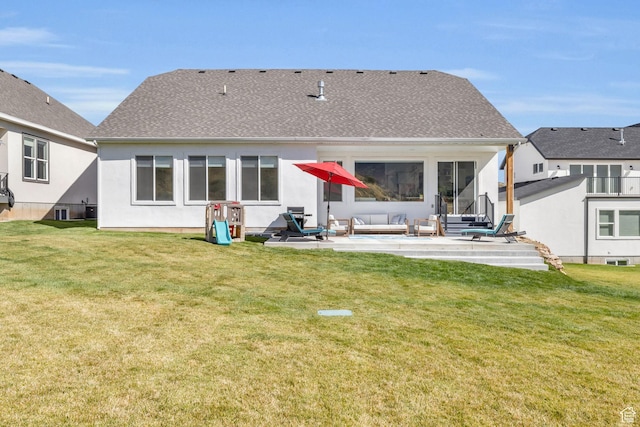 1441 N Jerry Gertsch Ln, Midway, UT 84049 - back of property featuring an outdoor living space, a patio, a yard, and roof with shingles